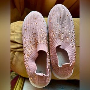 Pull on stretch sneakers.  Bedazzled pink, white sole. Like new! Size 10